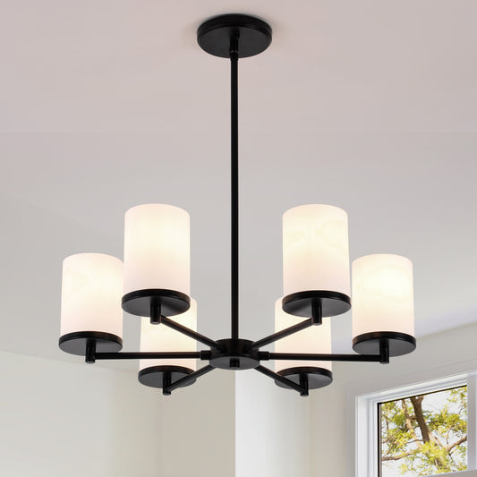 Modern Black 6-Light Chandelier with Frosted Glass Shades – Adjustable Dining Room Ceiling Light
