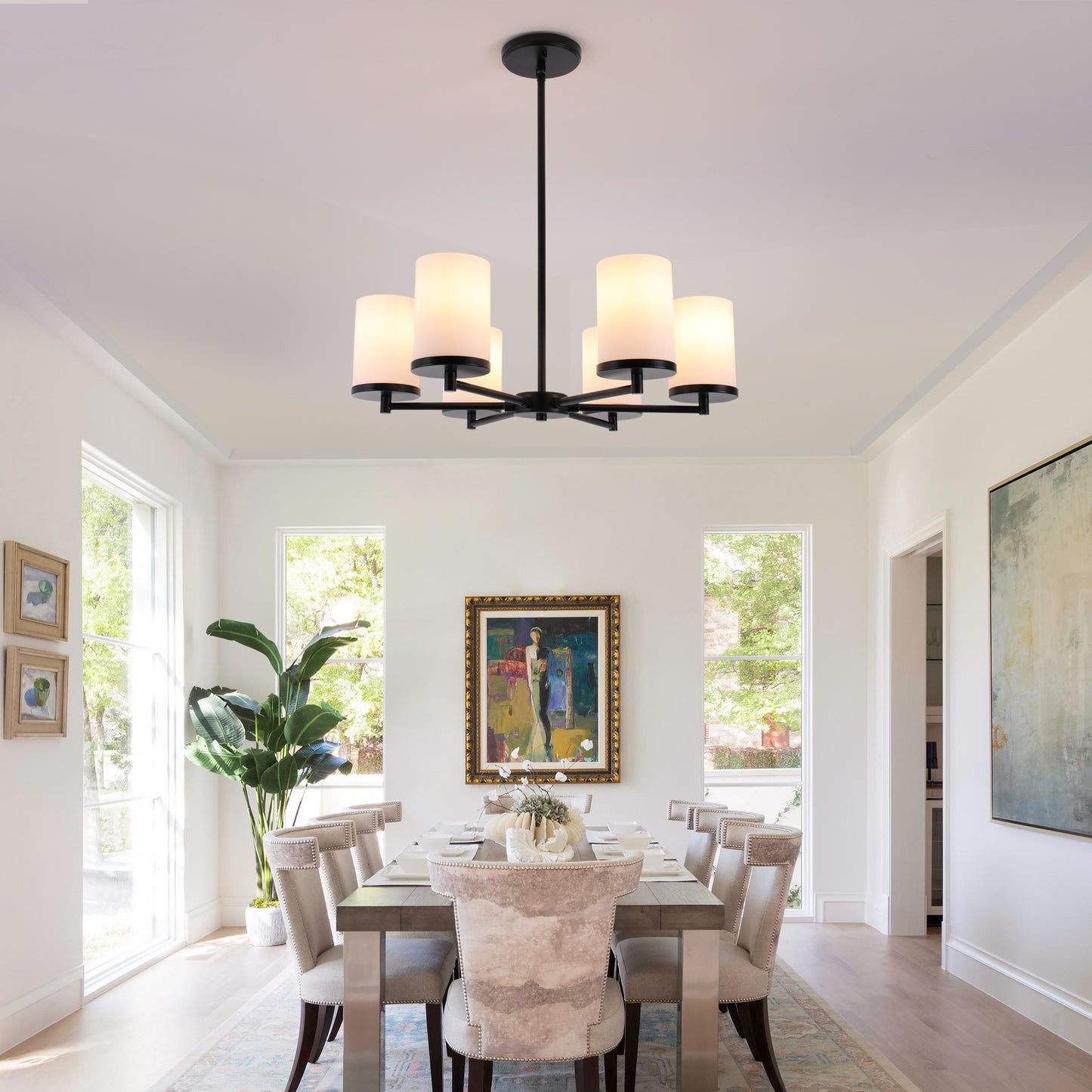 Modern Black 6-Light Chandelier with Frosted Glass Shades – Adjustable Dining Room Ceiling Light
