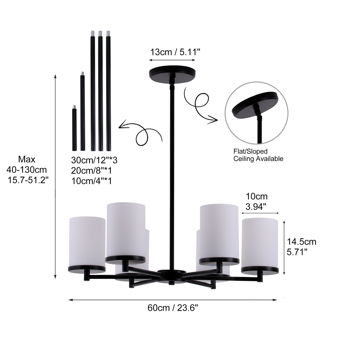 Modern Black 6-Light Chandelier with Frosted Glass Shades – Adjustable Dining Room Ceiling Light