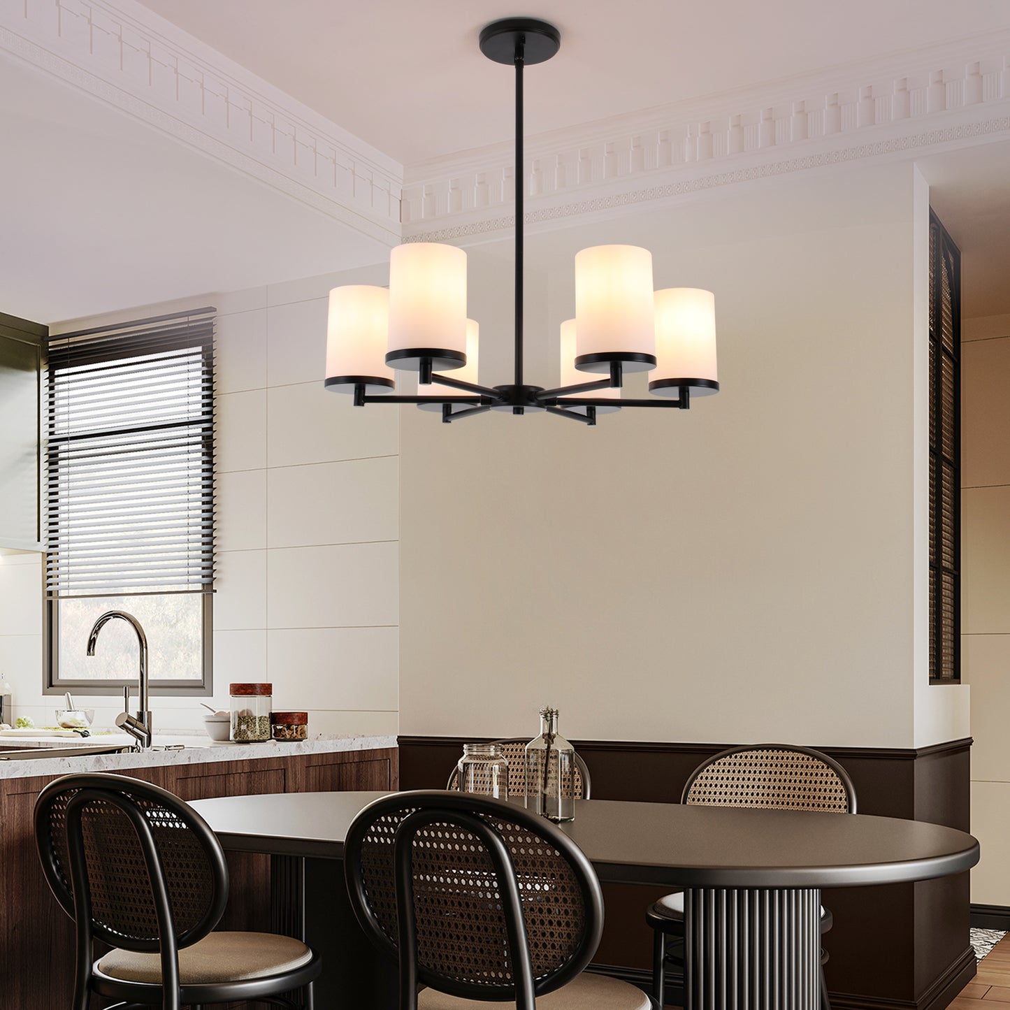 Modern Black 6-Light Chandelier with Frosted Glass Shades – Adjustable Dining Room Ceiling Light