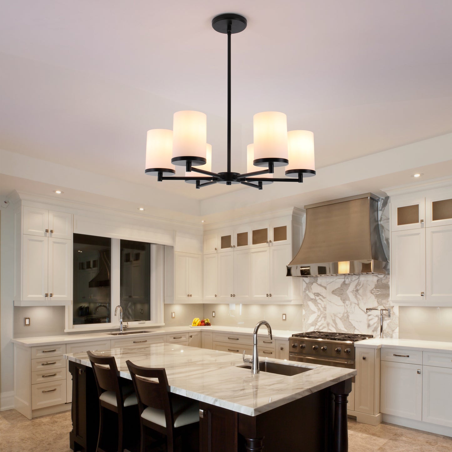 Modern Black 6-Light Chandelier with Frosted Glass Shades – Adjustable Dining Room Ceiling Light