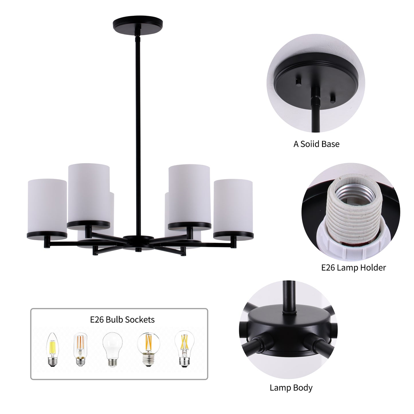 Modern Black 6-Light Chandelier with Frosted Glass Shades – Adjustable Dining Room Ceiling Light