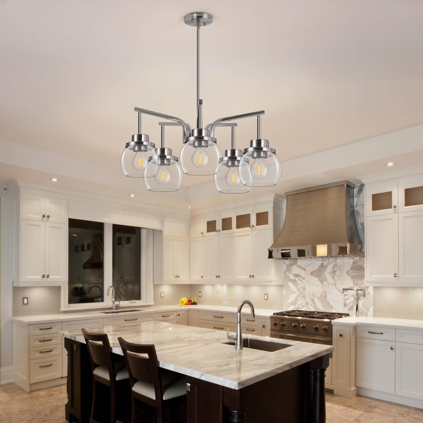 Brushed Nickel 5-Light Chandelier with Clear Glass Globes – Modern Dining Room & Kitchen Ceiling Light Fixture