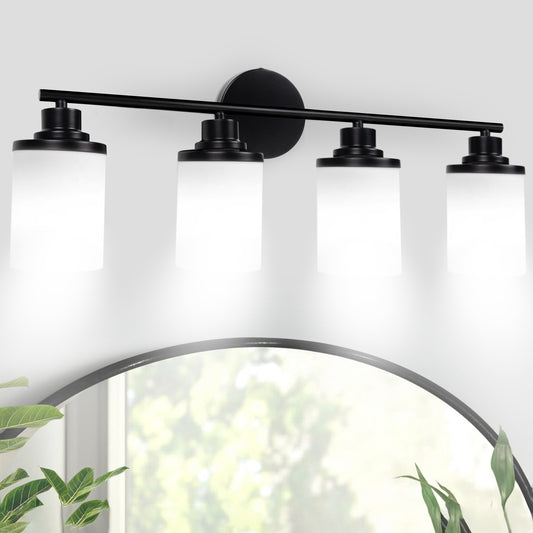Modern Black 4-Light Bathroom Vanity Light with Milky White Glass Shades – Wall Mount Over Mirror