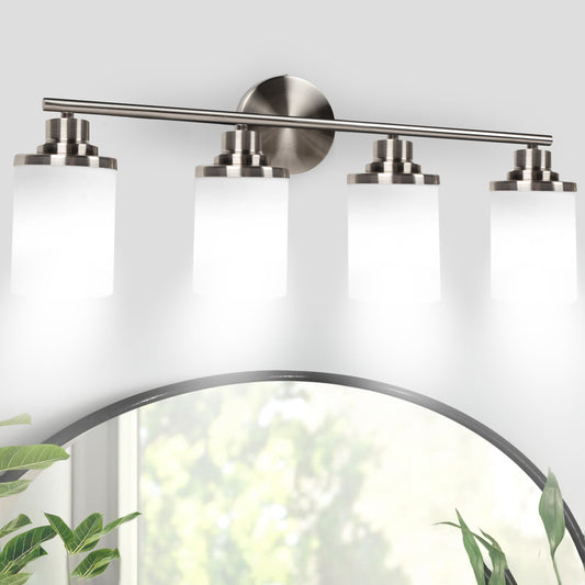 Modern Brushed Nickel 4-Light Bathroom Vanity Light with Milky White Glass Shades – Wall Mount Over Mirror