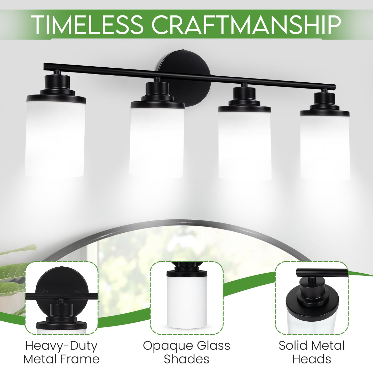 Modern Black 4-Light Bathroom Vanity Light with Milky White Glass Shades – Wall Mount Over Mirror