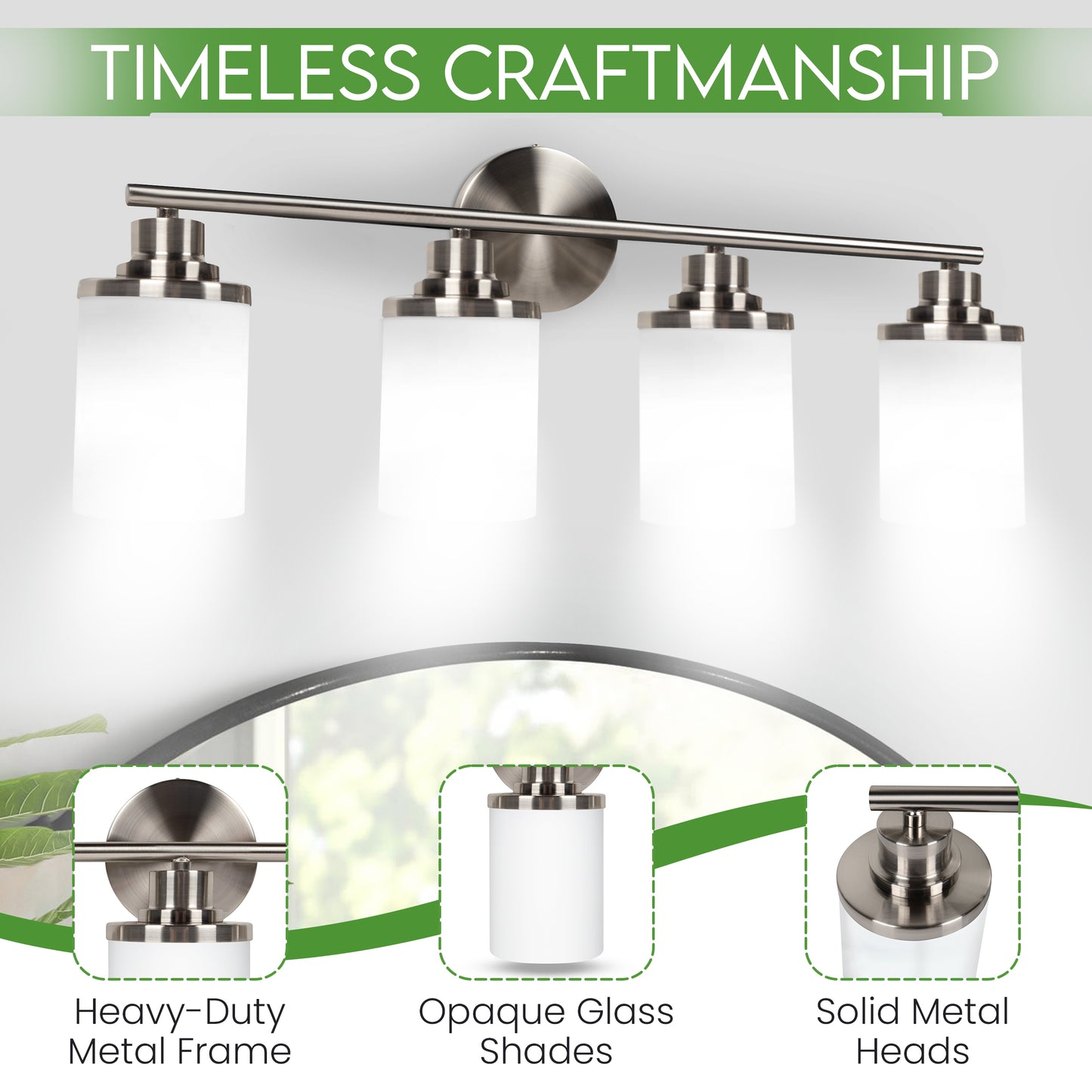 Modern Brushed Nickel 4-Light Bathroom Vanity Light with Milky White Glass Shades – Wall Mount Over Mirror