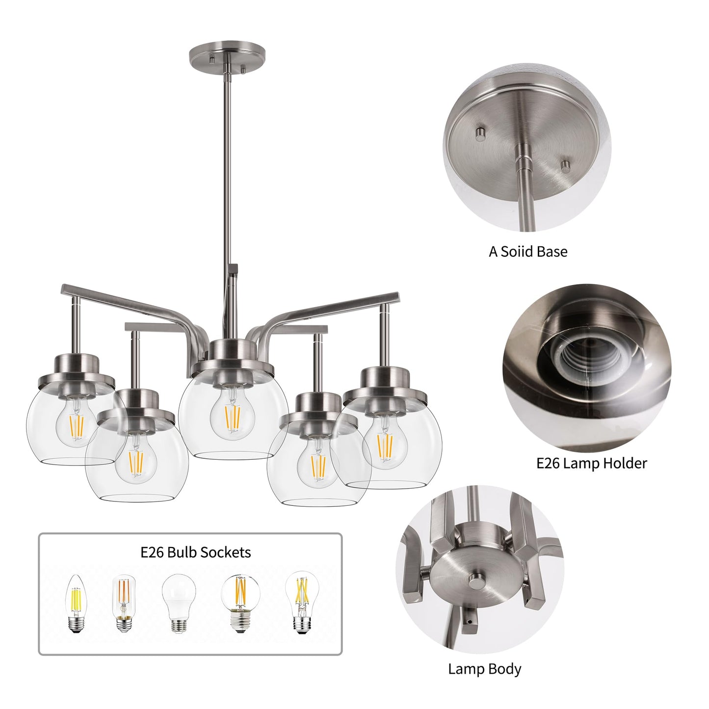 Brushed Nickel 5-Light Chandelier with Clear Glass Globes – Modern Dining Room & Kitchen Ceiling Light Fixture