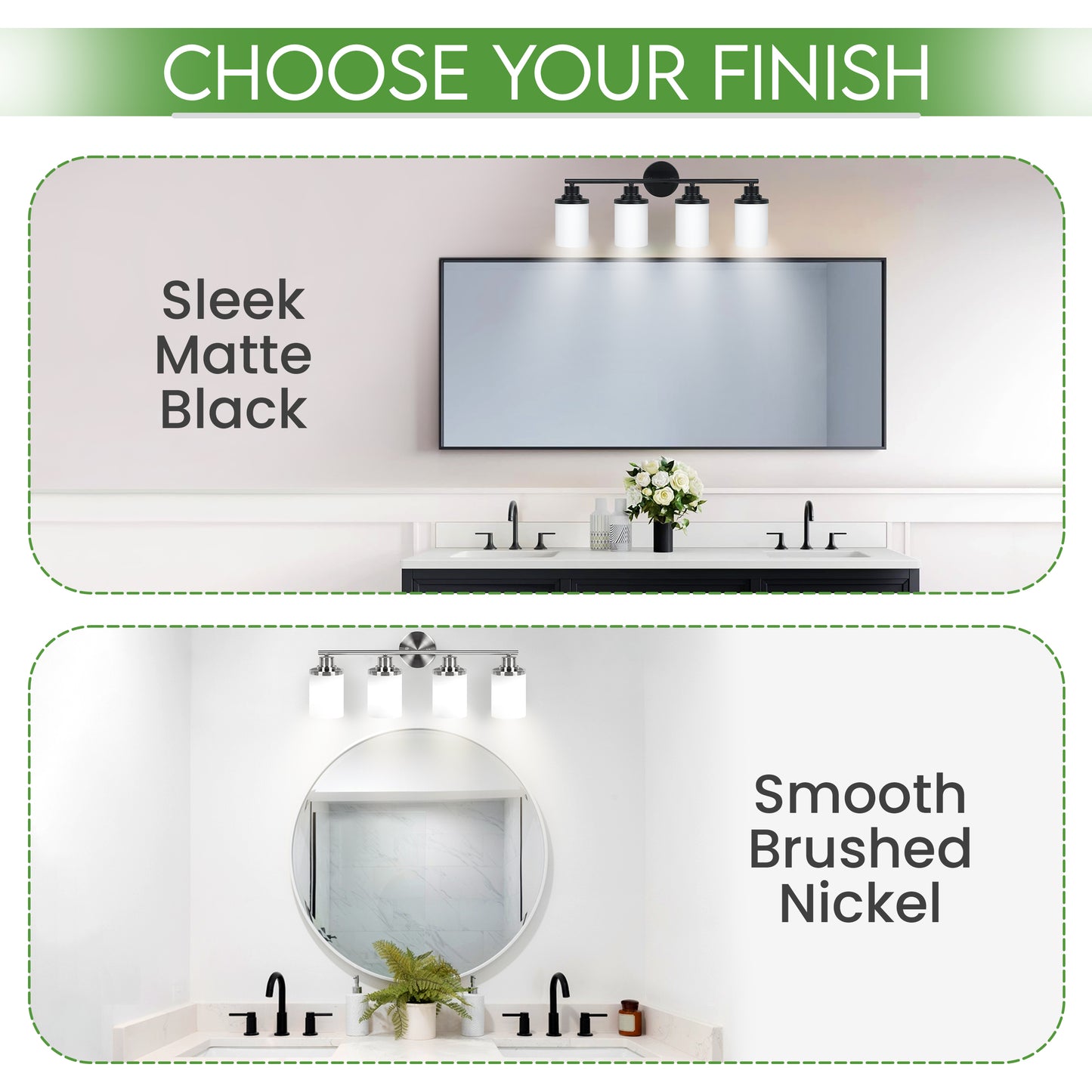 Modern Black 4-Light Bathroom Vanity Light with Milky White Glass Shades – Wall Mount Over Mirror