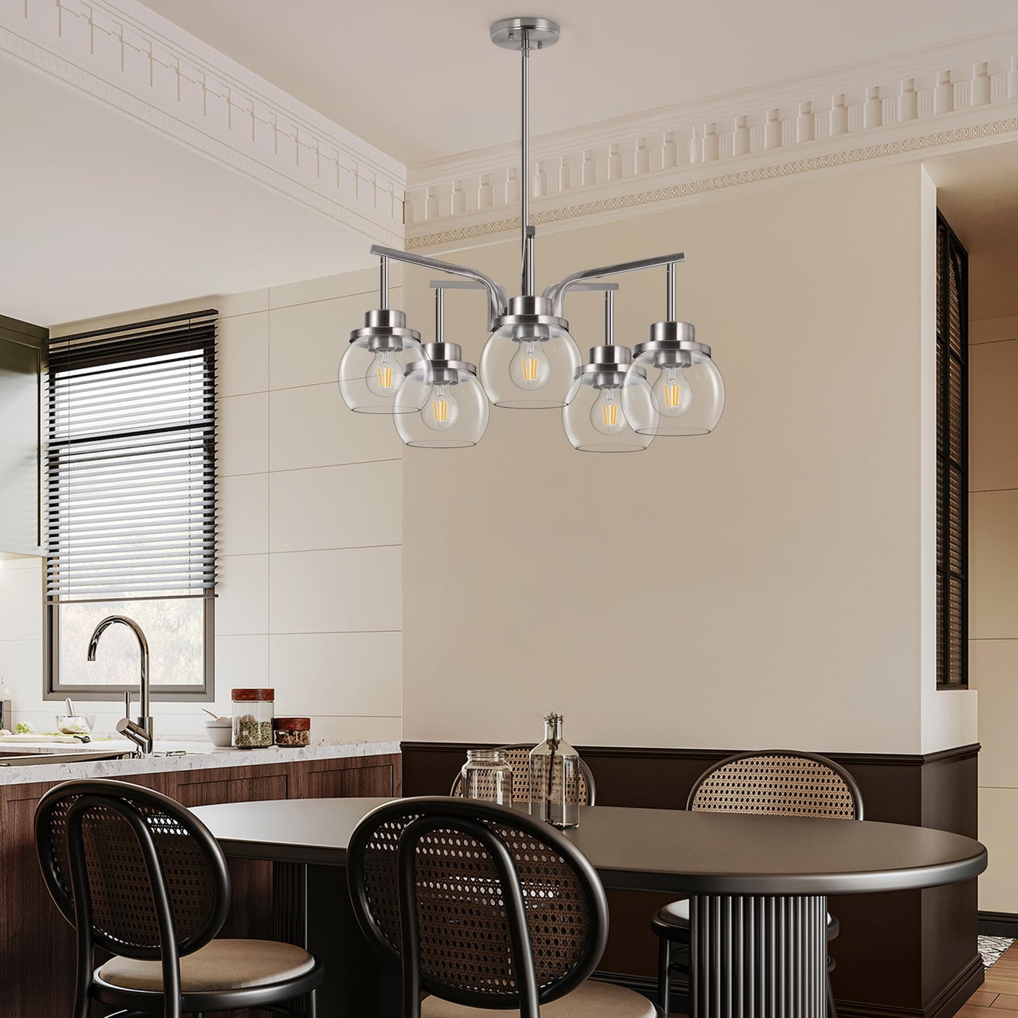 Brushed Nickel 5-Light Chandelier with Clear Glass Globes – Modern Dining Room & Kitchen Ceiling Light Fixture