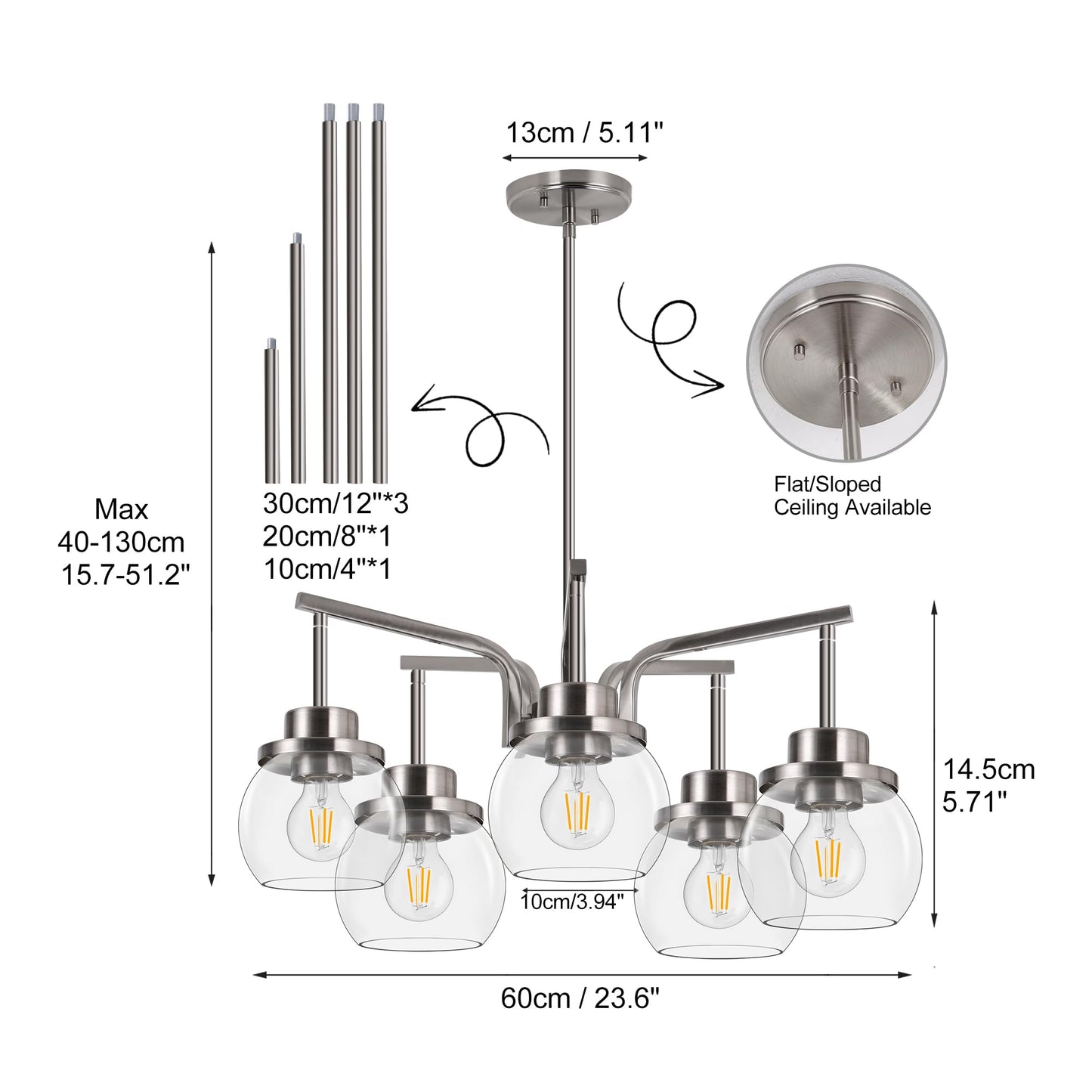 Brushed Nickel 5-Light Chandelier with Clear Glass Globes – Modern Dining Room & Kitchen Ceiling Light Fixture
