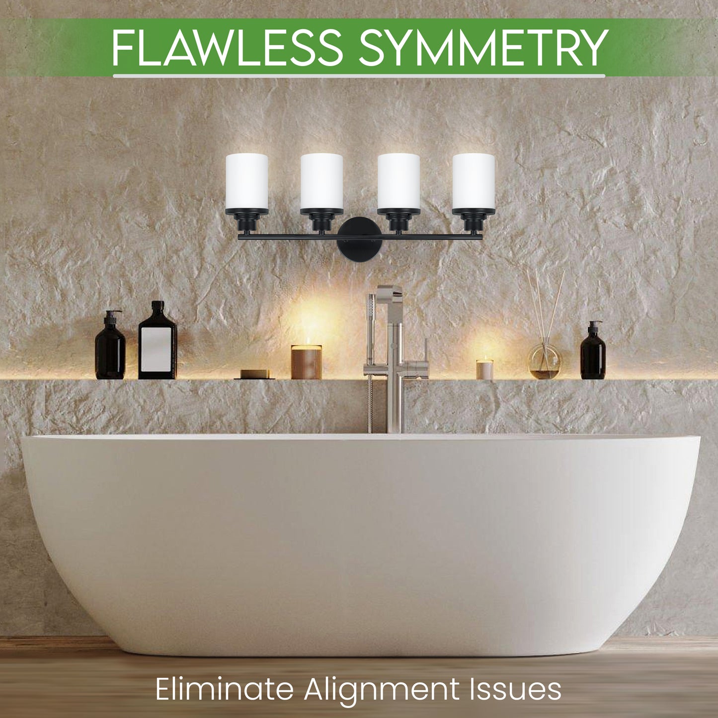 Modern Black 4-Light Bathroom Vanity Light with Milky White Glass Shades – Wall Mount Over Mirror