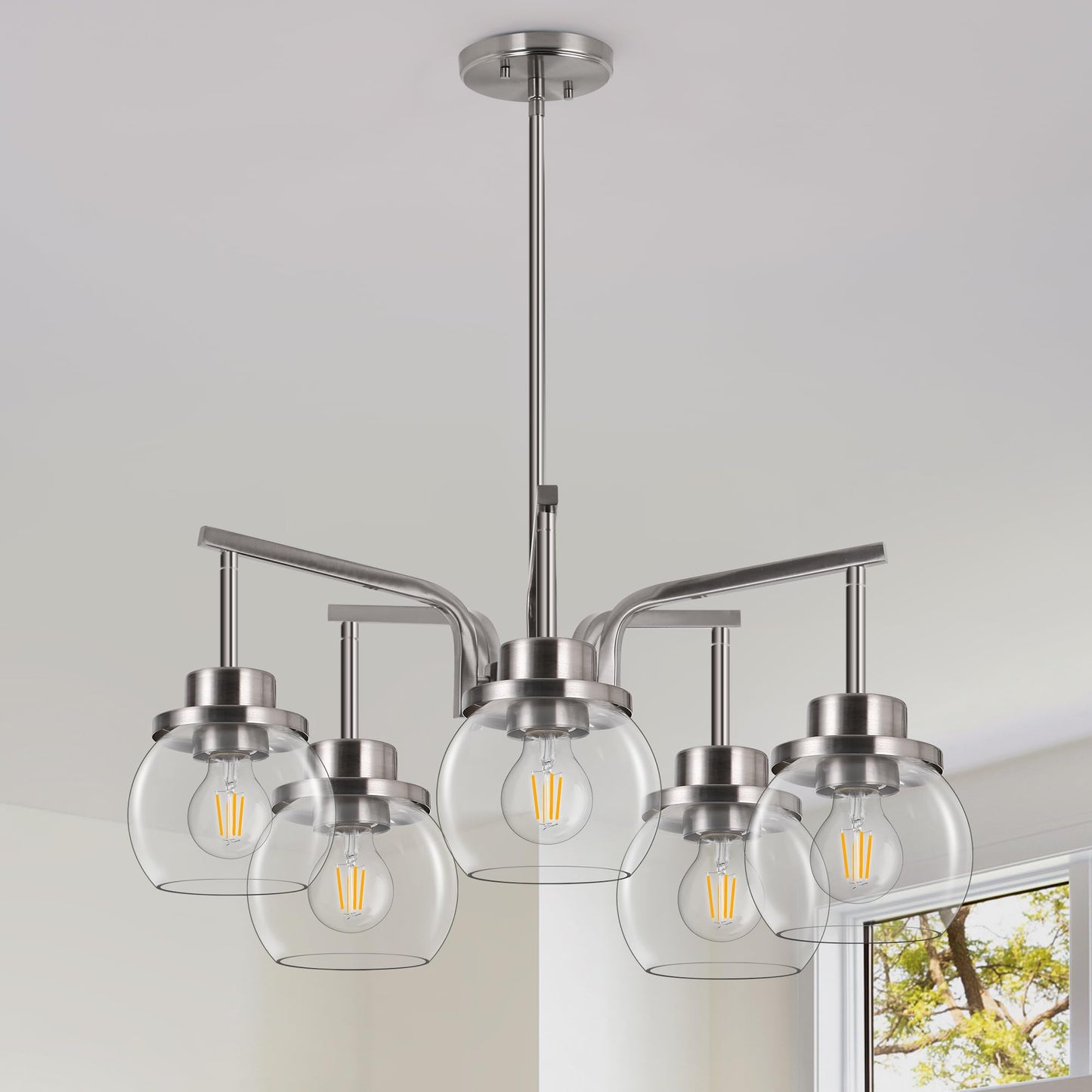 Brushed Nickel 5-Light Chandelier with Clear Glass Globes – Modern Dining Room & Kitchen Ceiling Light Fixture