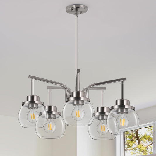Brushed Nickel 5-Light Chandelier with Clear Glass Globes – Modern Dining Room & Kitchen Ceiling Light Fixture