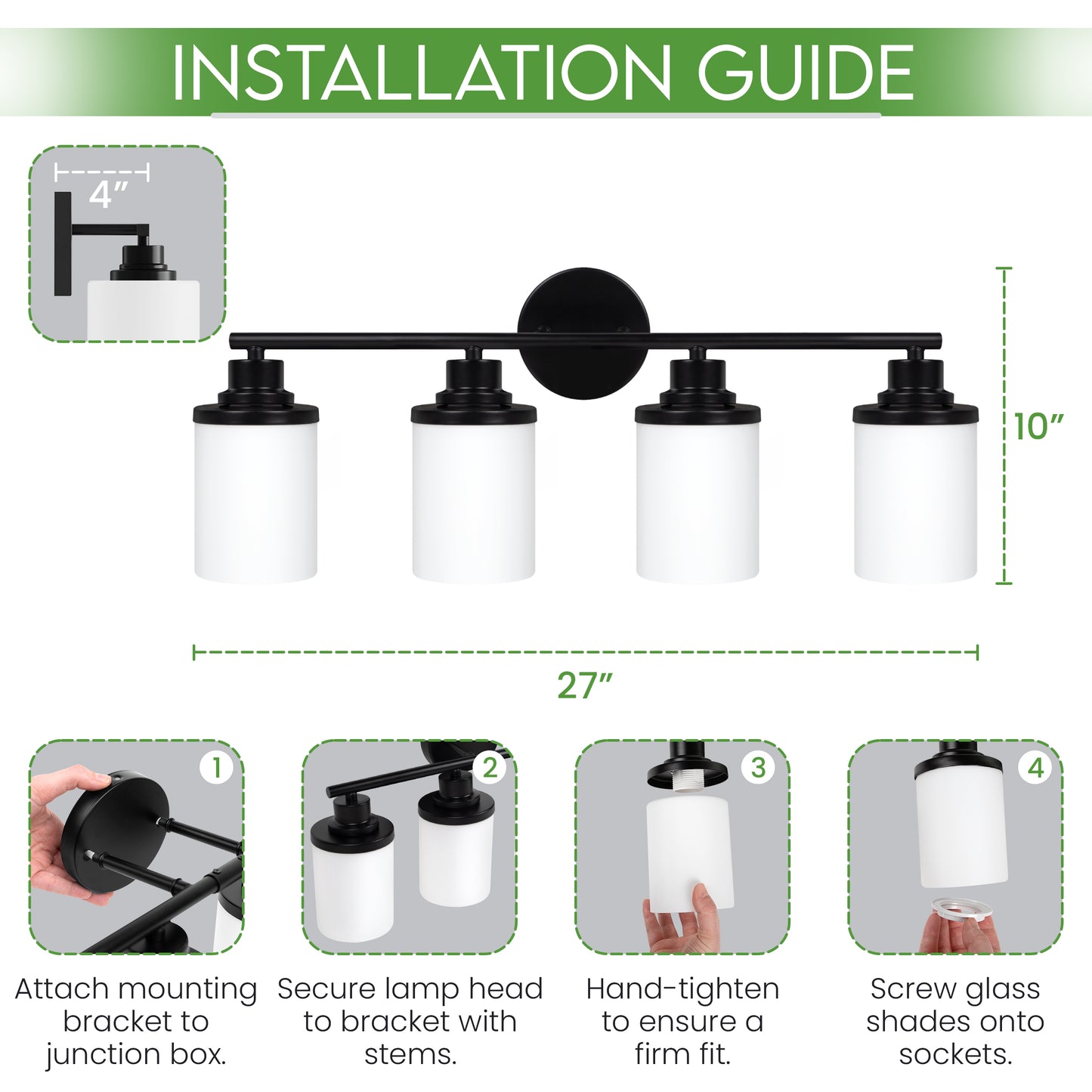 Modern Black 4-Light Bathroom Vanity Light with Milky White Glass Shades – Wall Mount Over Mirror