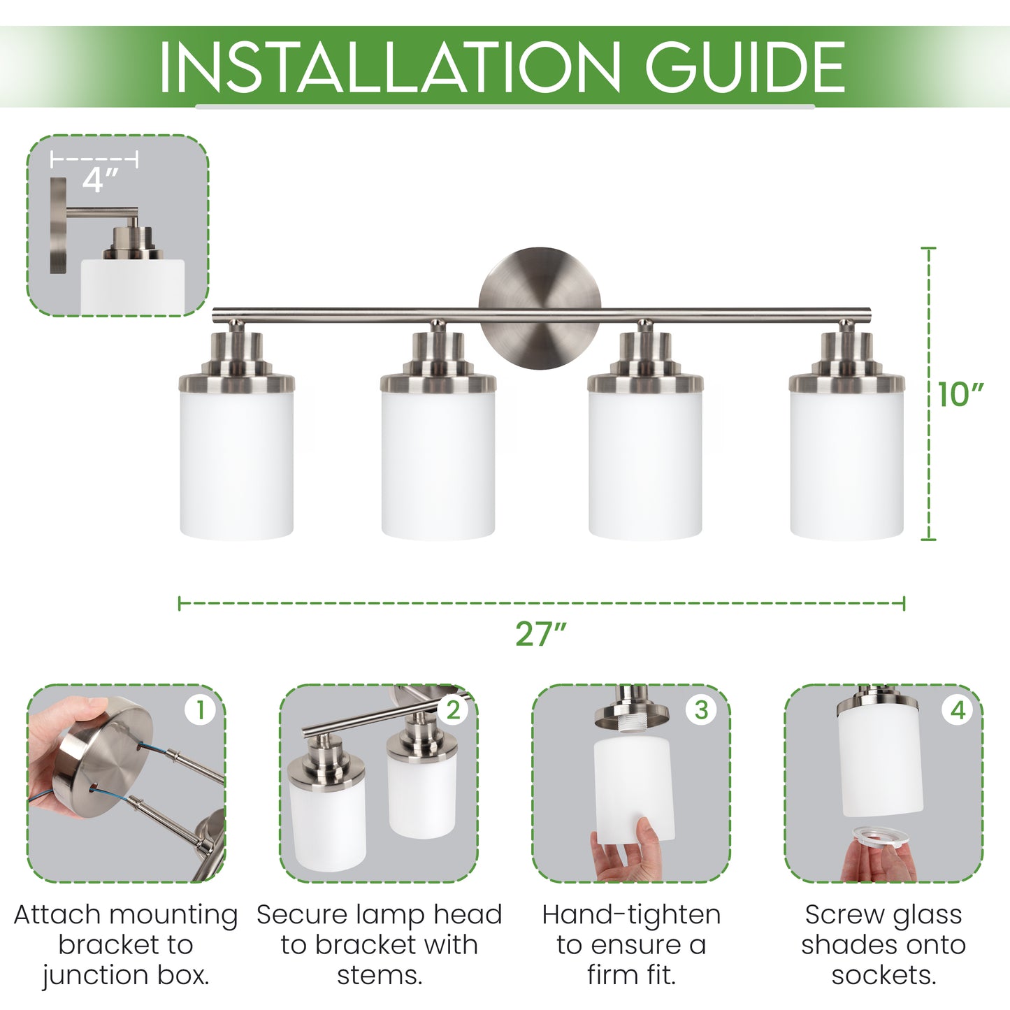 Modern Brushed Nickel 4-Light Bathroom Vanity Light with Milky White Glass Shades – Wall Mount Over Mirror