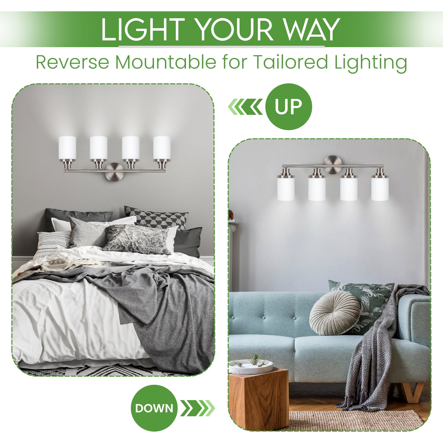 Modern Brushed Nickel 4-Light Bathroom Vanity Light with Milky White Glass Shades – Wall Mount Over Mirror