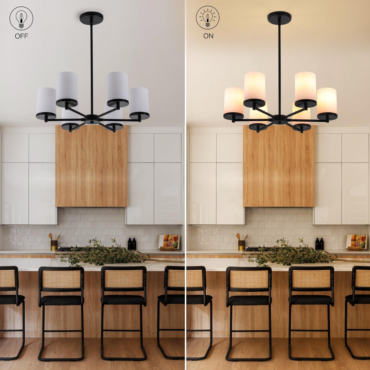 Modern Black 6-Light Chandelier with Frosted Glass Shades – Adjustable Dining Room Ceiling Light