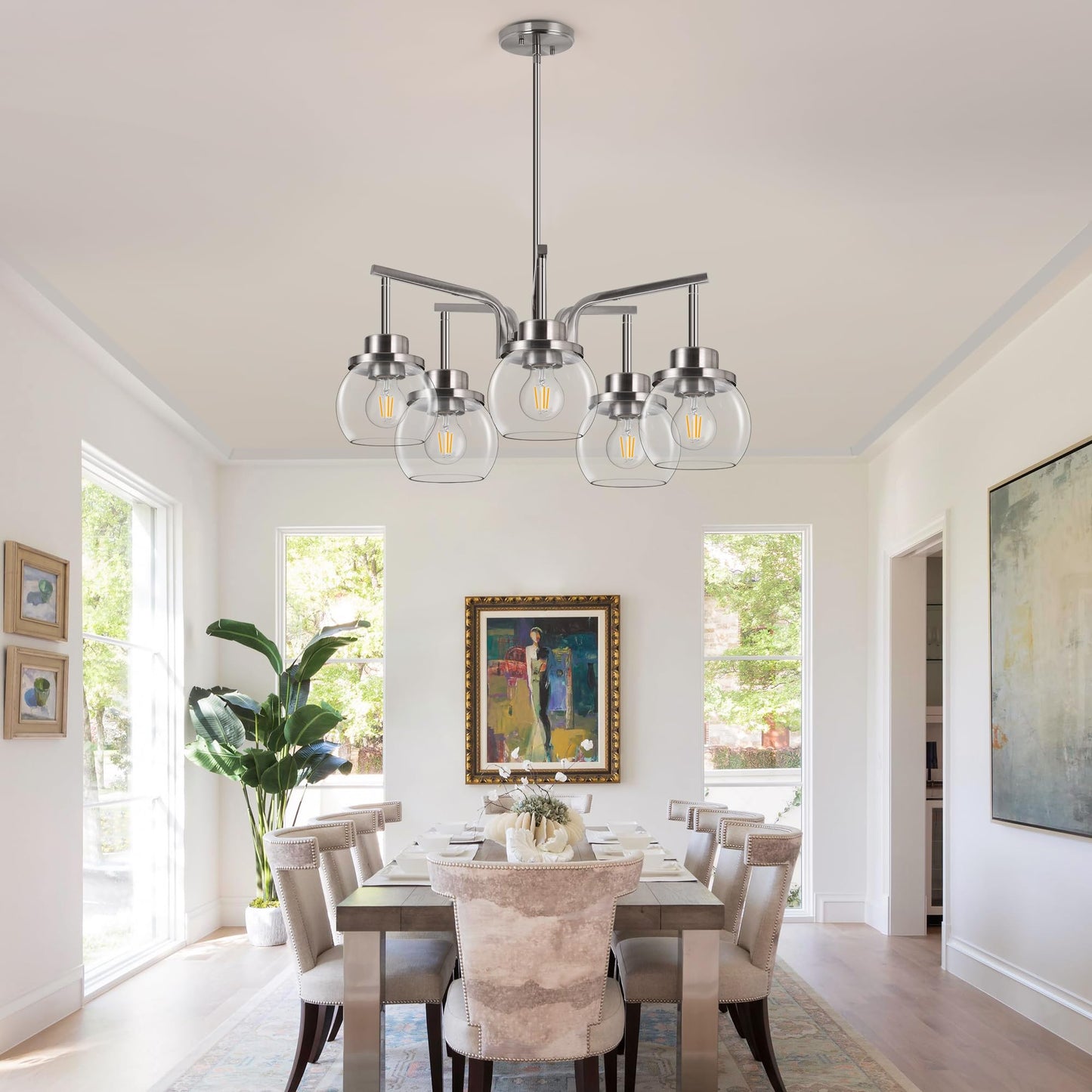 Brushed Nickel 5-Light Chandelier with Clear Glass Globes – Modern Dining Room & Kitchen Ceiling Light Fixture