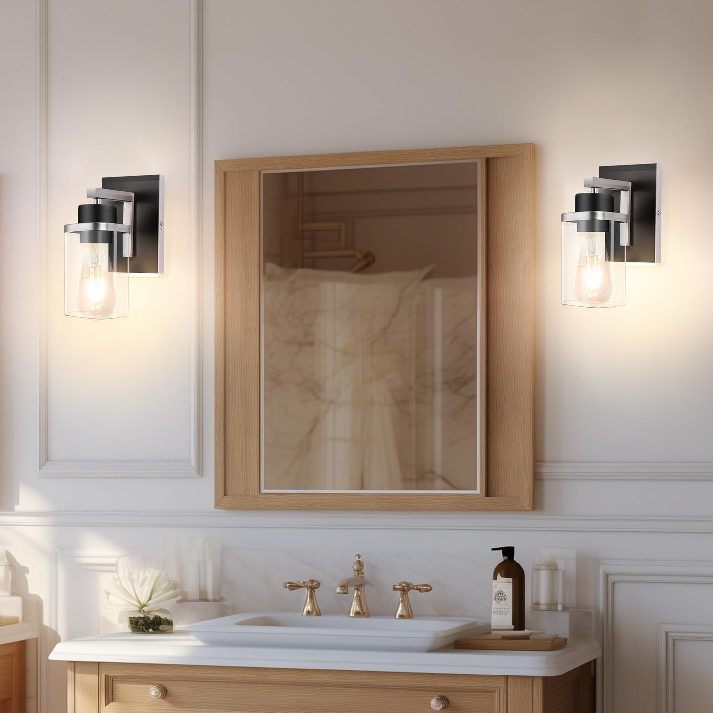 Modern Wall Sconce Light Fixtures – Set of 2, Dual-Tone with Frosted Glass Shades, E26 Base for Bathroom, Bedroom, Hallway, or Living Room