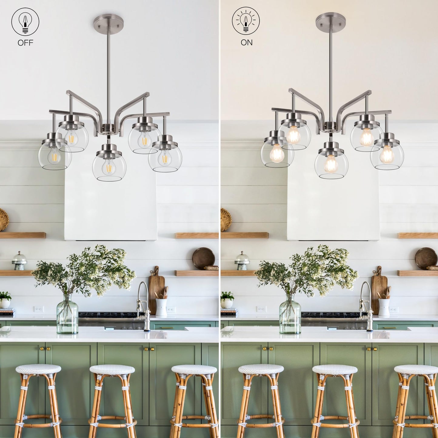 Brushed Nickel 5-Light Chandelier with Clear Glass Globes – Modern Dining Room & Kitchen Ceiling Light Fixture